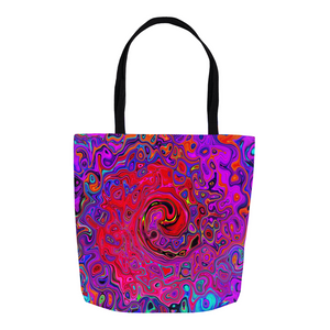 Tote Bags, Trippy Red and Purple Abstract Retro Liquid Swirl