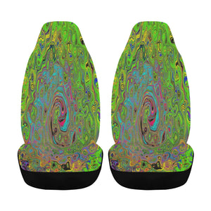 Car Seat Covers, Groovy Abstract Retro Lime Green and Blue Swirl