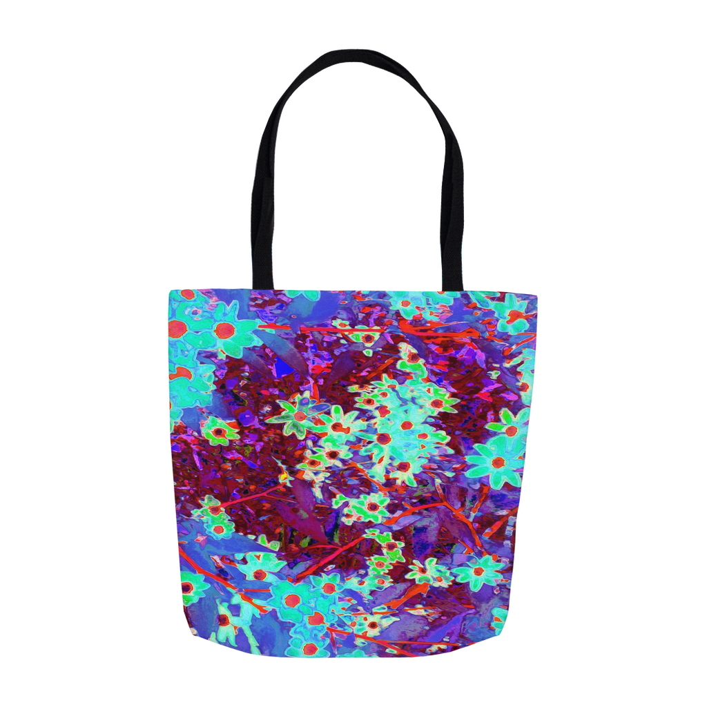 Tote Bags, Pretty Aqua Blue and Orange Flowers with Purple