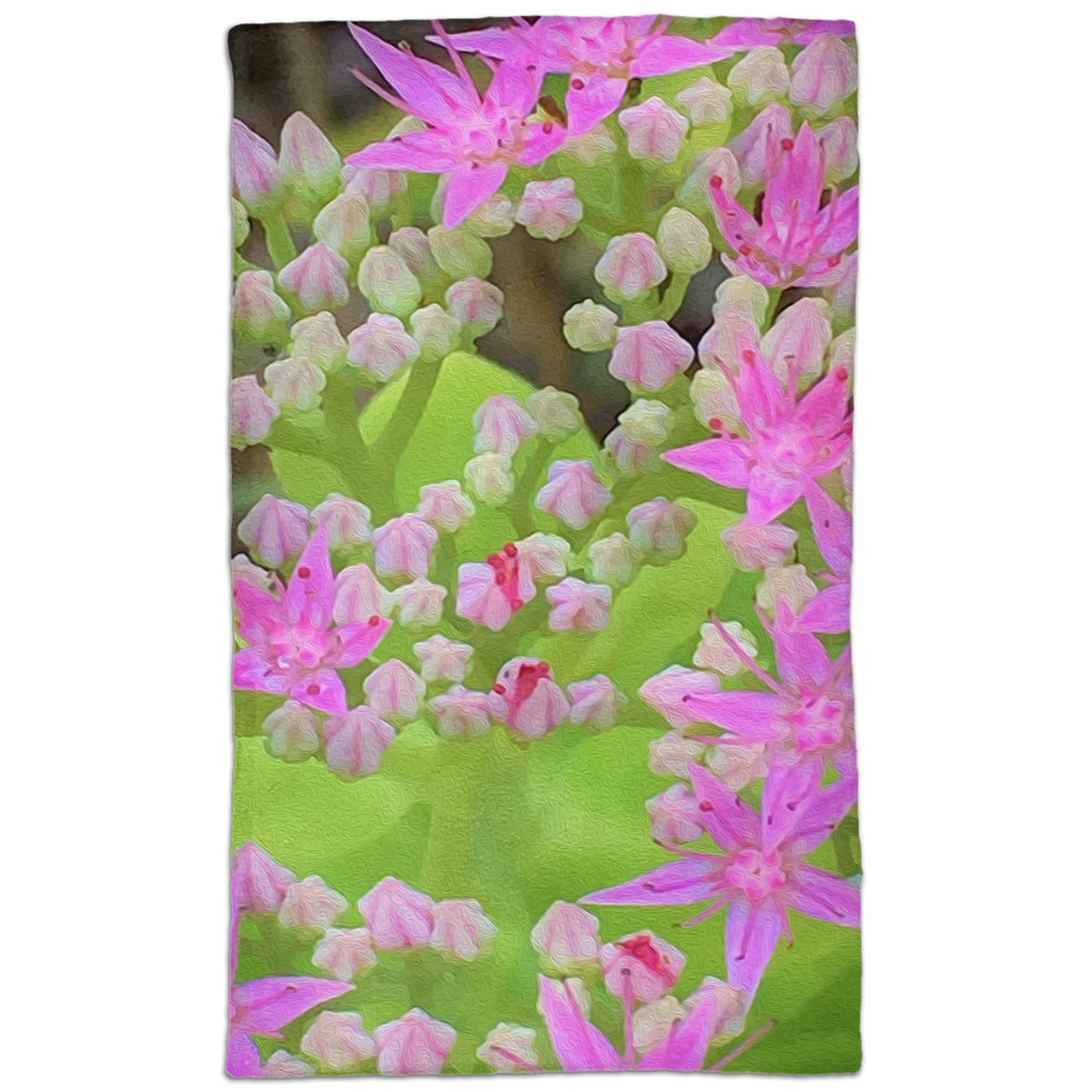 Hand Towels, Green Succulent Sedum with Hot Pink Flowers
