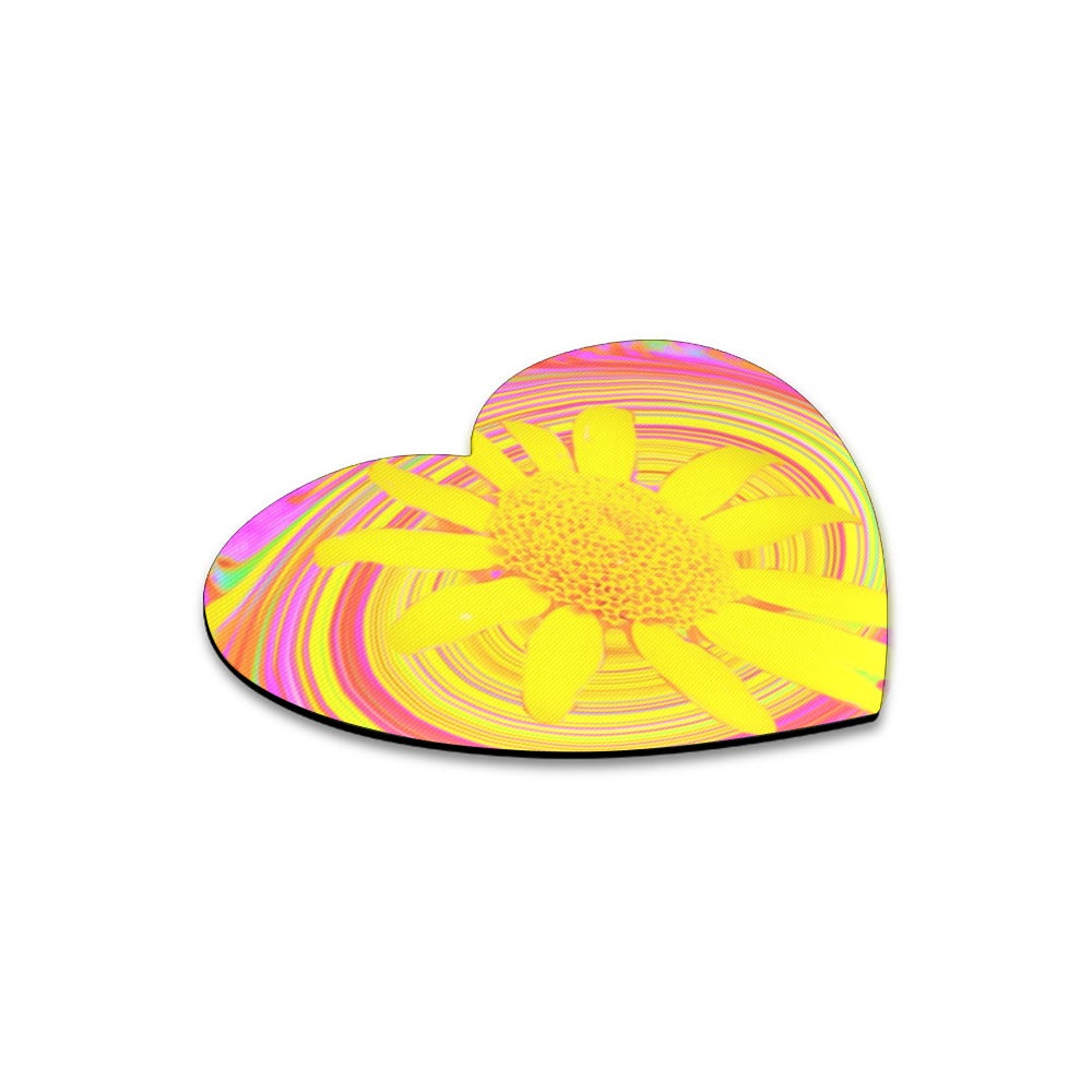 Heart Shaped Mousepads, Yellow Sunflower on a Psychedelic Swirl