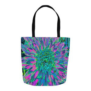 Tote Bags, Psychedelic Magenta, Aqua and Lime Green Dahlia
