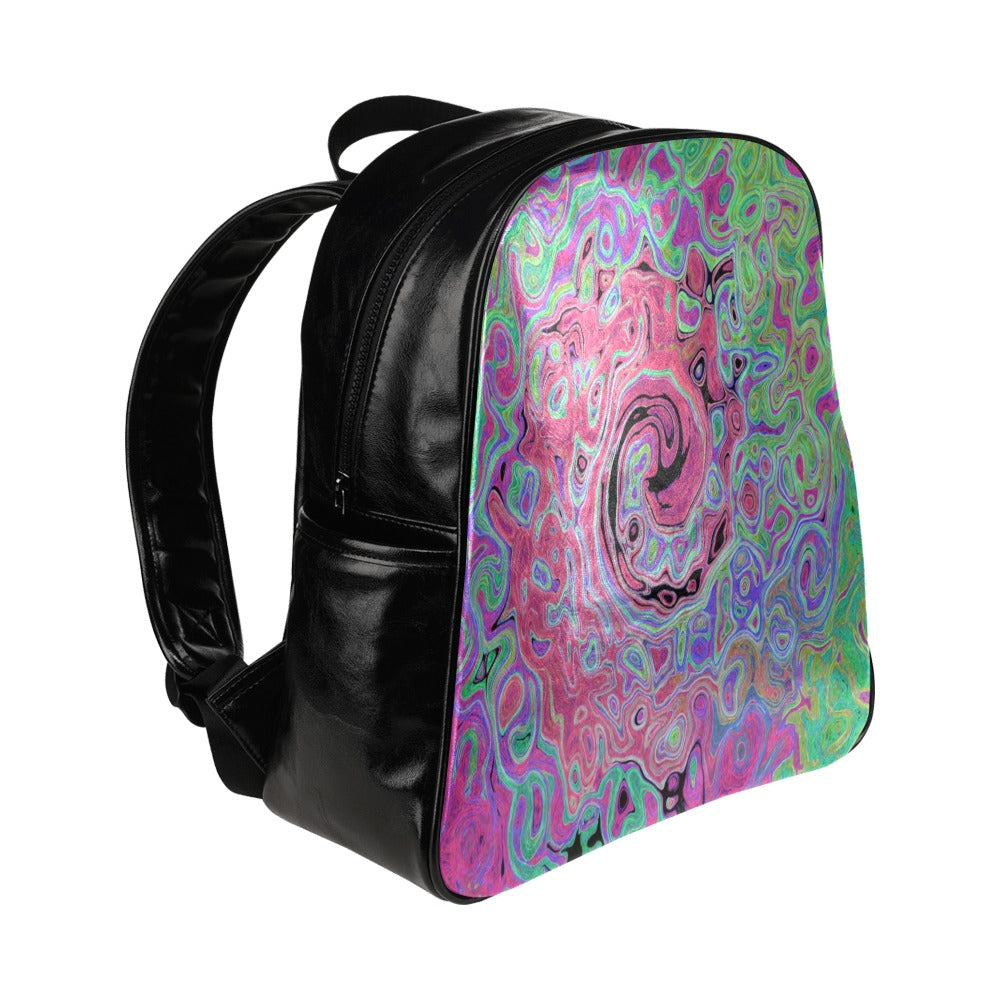 Backpack, Pink and Lime Green Groovy Abstract Retro Swirl - Faux Leather