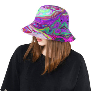 Bucket Hats, Groovy Abstract Retro Magenta Rainbow Swirl