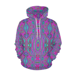 Hoodies for Women, Trippy Retro Magenta, Blue and Green Abstract