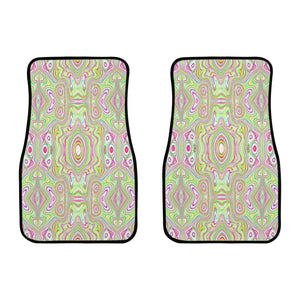 Car Floor Mats, Trippy Retro Pink and Lime Green Abstract Pattern - Front Set of 2