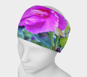 Wide Fabric Headband, Elegant Pink Hibiscus with Wavy Blue Foliage, Face Covering