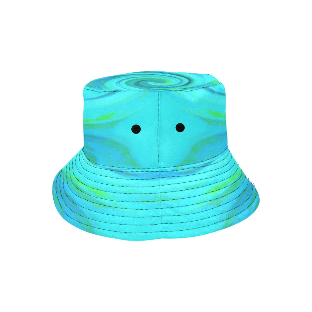 Bucket Hats, Groovy Cool Abstract Aqua Liquid Art Swirl