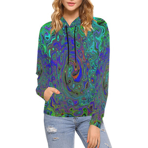 Hoodies for Women, Marbled Blue and Aquamarine Abstract Retro Swirl