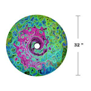 Spare Tire Cover with Backup Camera Hole - Hot Pink and Blue Groovy Abstract Retro Liquid Swirl - Medium