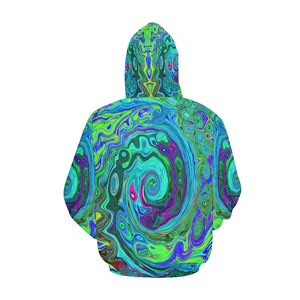 Hoodies for Women, Groovy Abstract Retro Green and Blue Swirl