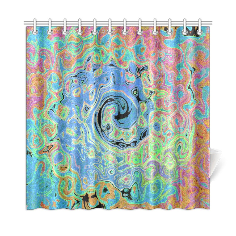 Shower Curtains, Watercolor Blue Groovy Abstract Retro Liquid Swirl