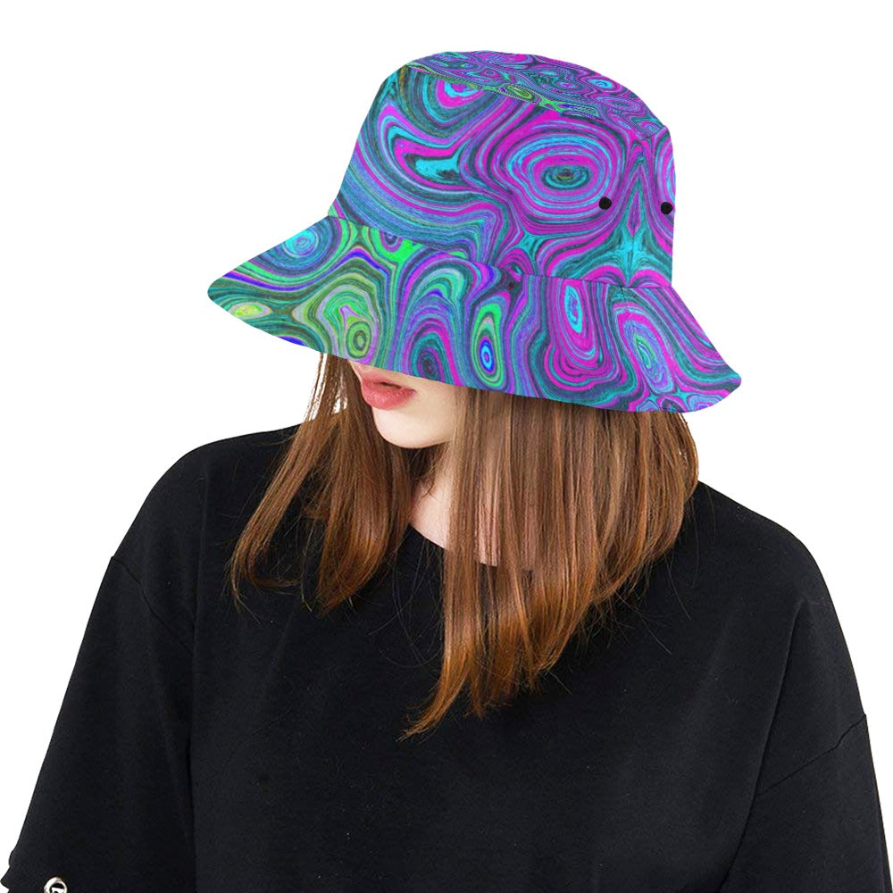 Bucket Hats for Women, Marbled Magenta and Lime Green Groovy Abstract Art