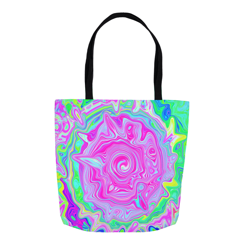 Fun Colorful Tote Bags, Groovy Retro Abstract Hot Pink Liquid Art