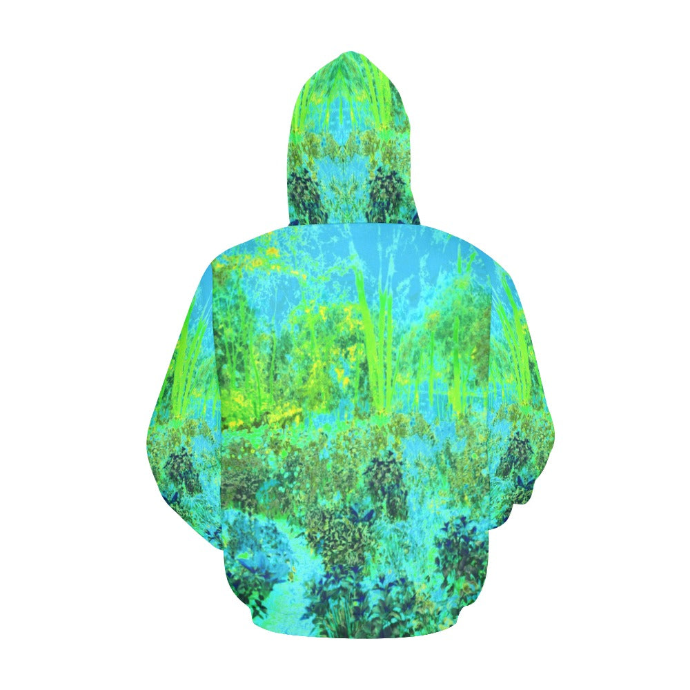 Hoodies for Women, Trippy Lime Green and Blue Impressionistic Landscape