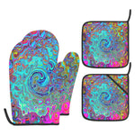 Oven Mitts and Pot Holders Set, Trippy Sky Blue Abstract Retro Liquid Swirl
