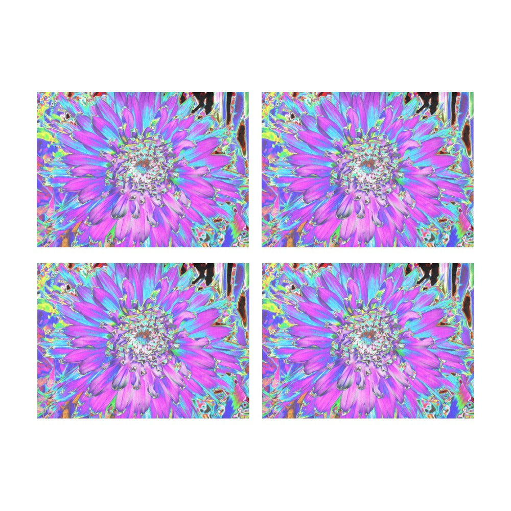 Cloth Placemats Set, Trippy Abstract Aqua, Lime Green and Purple Dahlia