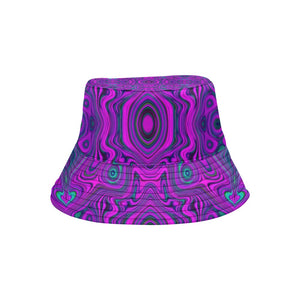 Bucket Hats, Trippy Retro Magenta and Black Abstract Pattern