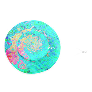 Wide Brim Sun Hat - Groovy Abstract Retro Rainbow Liquid Swirl