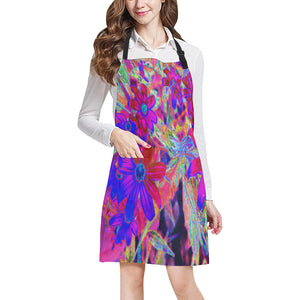 Apron with Pockets, Psychedelic Retro Crimson and Magenta Wildflowers