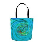 Tote Bags, Dramatic Blue and Chartreuse Abstract Retro Twirl