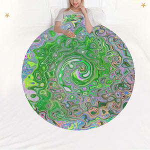 Round Throw Blankets, Trippy Lime Green and Pink Abstract Retro Swirl