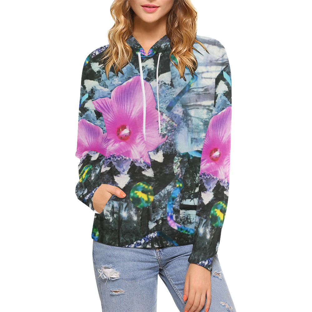 Hoodies for Women, Pink Hibiscus Black and White Landscape Collage