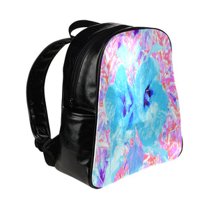 Backpack – Faux Leather, Two Cool Blue Plum Crazy Hibiscus on Red and Pink