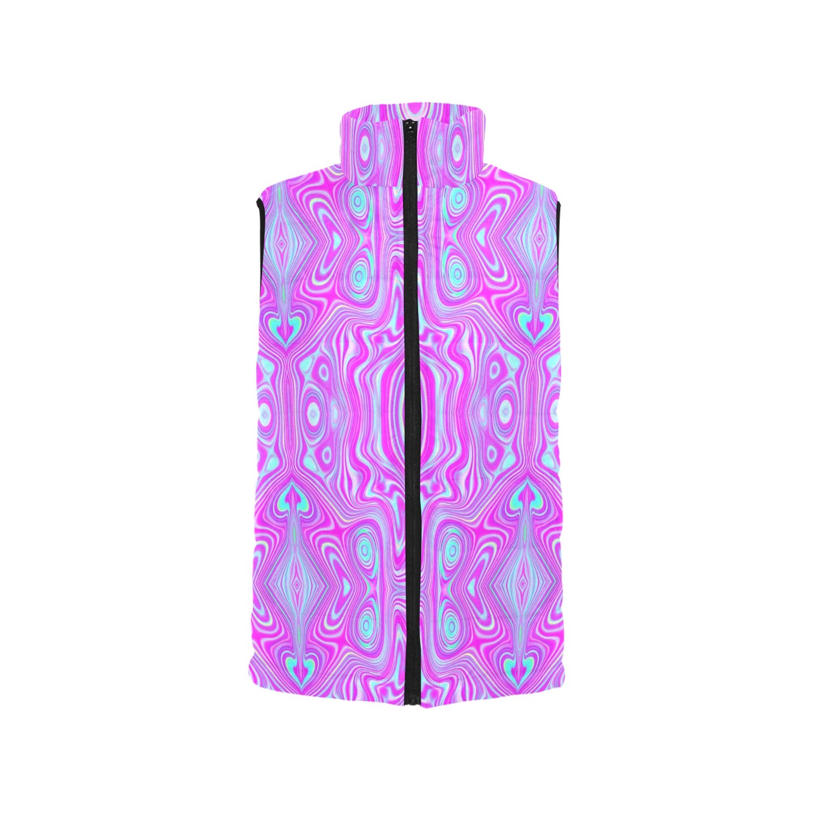Women's Stand Collar Vest, Trippy Hot Pink and Aqua Blue Abstract Pattern