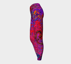Artsy Yoga Leggings, Trippy Red and Purple Abstract Retro Liquid Swirl
