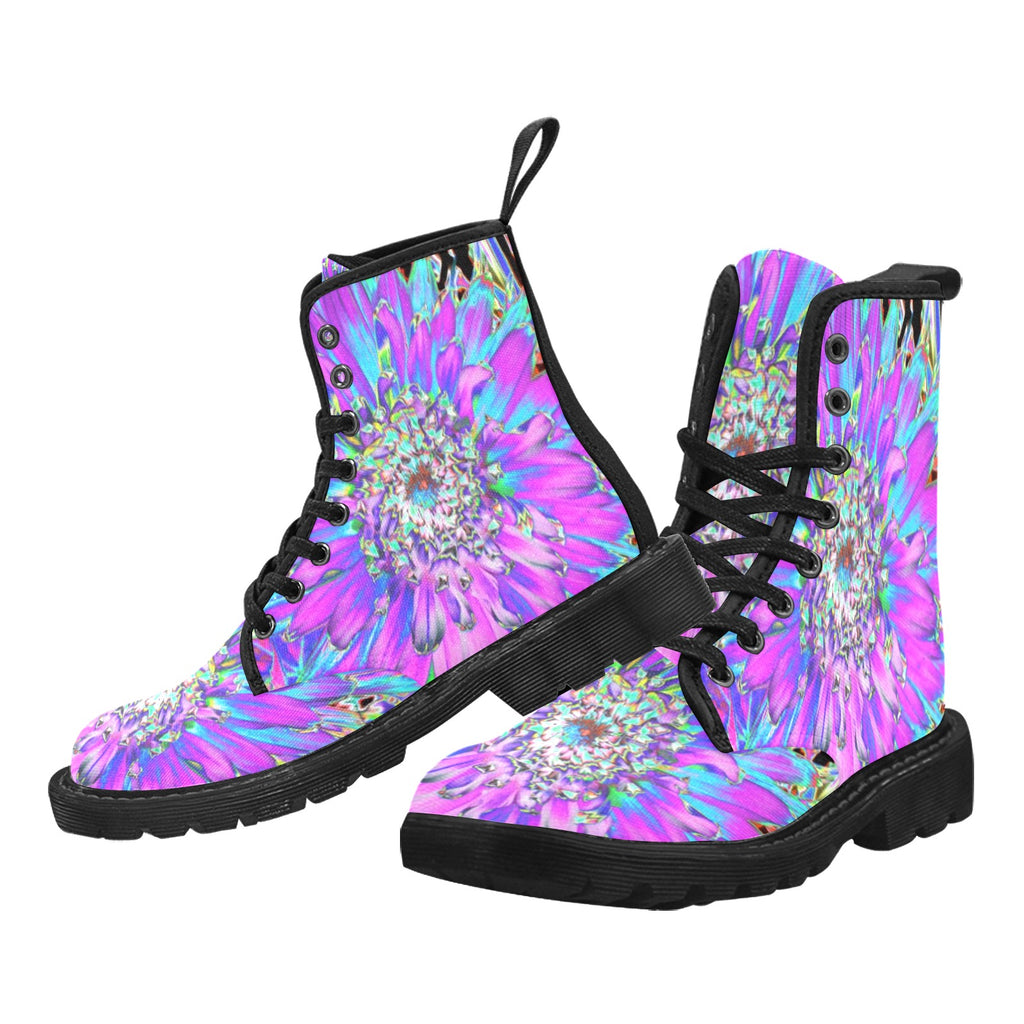Boots for Women, Trippy Abstract Aqua, Lime Green and Purple Dahlia - Black