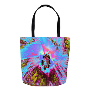 Tote Bags, Psychedelic Cornflower Blue and Magenta Hibiscus