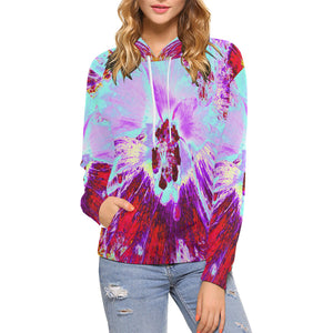 Hoodies for Women, Abstract Tropical Aqua and Purple Hibiscus Flower