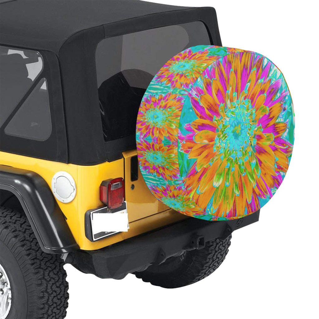 Spare Tire Covers - Large, Tropical Orange and Hot Pink Decorative Dahlia