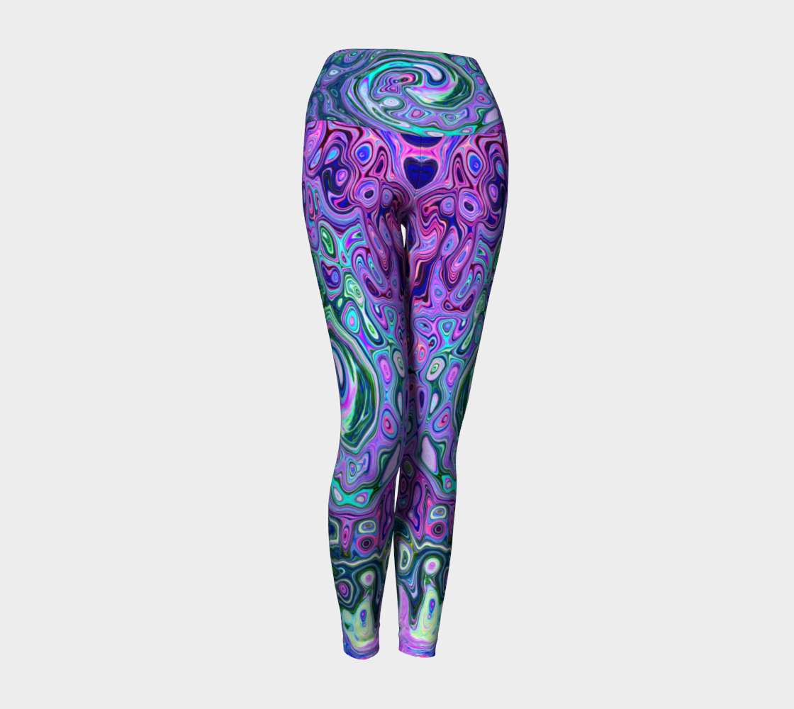 Artsy Yoga Leggings, Groovy Abstract Retro Green and Purple Swirl