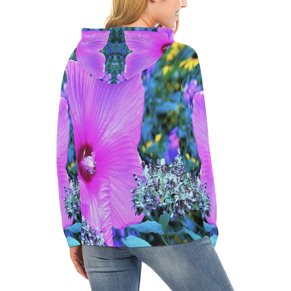 Hoodies for Women, Pink Hibiscus with Blue Hydrangea Foliage