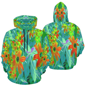 Hoodies for Women, Trippy Yellow and Red Wildflowers on Retro Blue