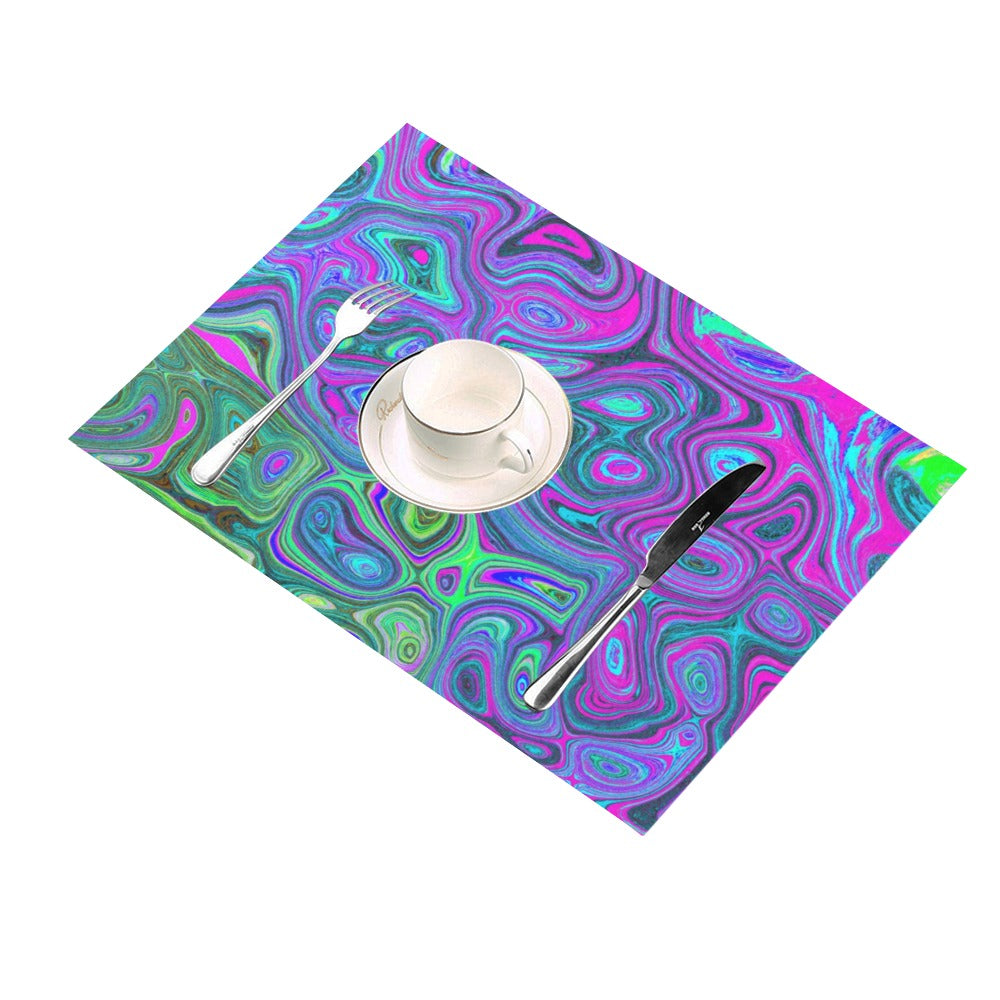 Cloth Placemats Set, Marbled Magenta and Lime Green Groovy Abstract Art