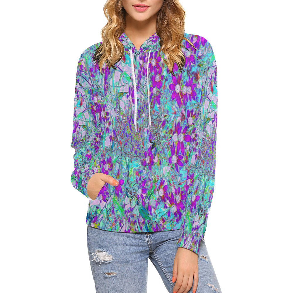 Hoodies for Women, Aqua Garden with Violet Blue and Hot Pink Flowers