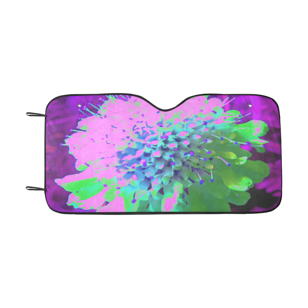 Auto Sun Shade, Abstract Pincushion Flower in Pink Blue and Green