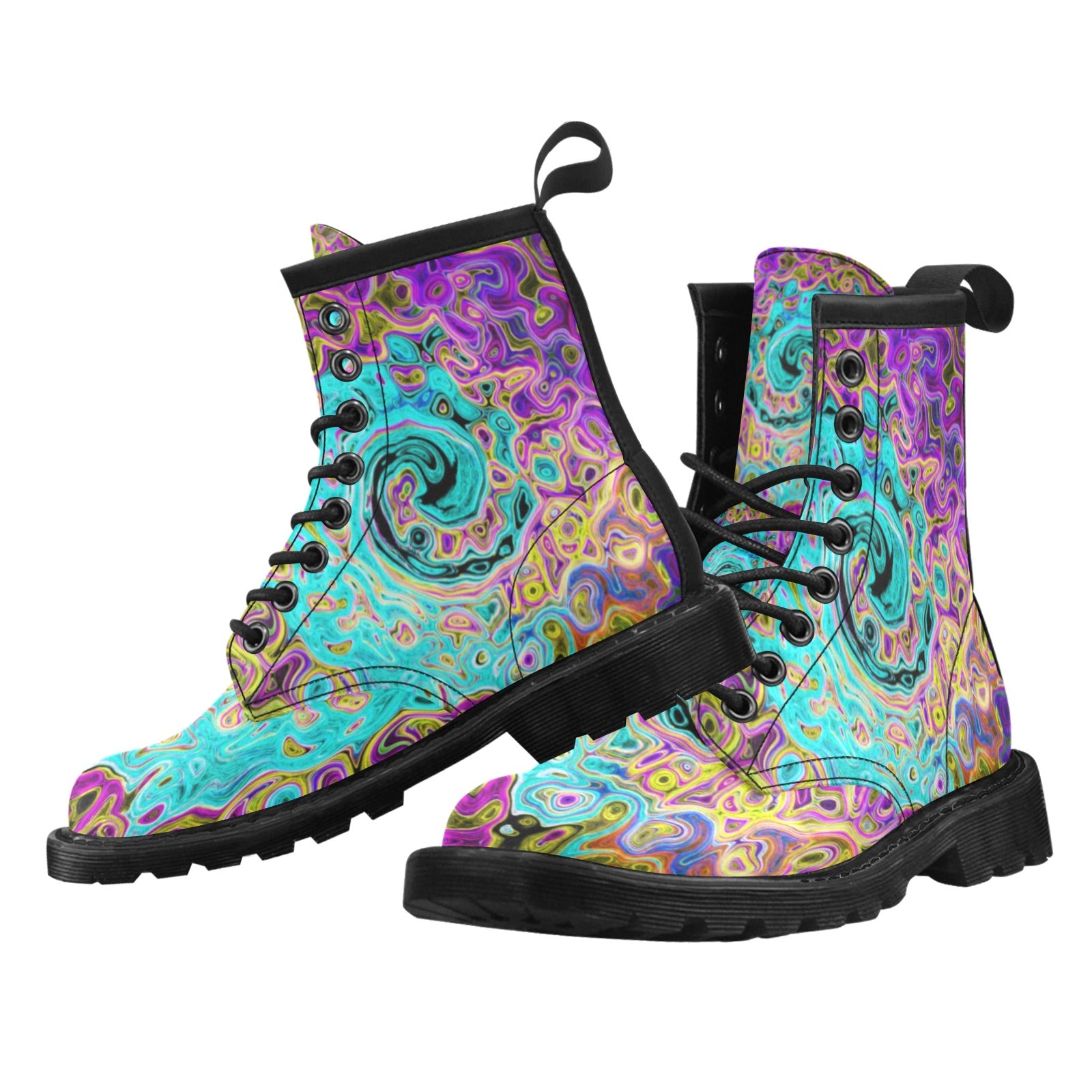 Lace Up Boots for Women - Icy Aqua Blue Groovy Abstract Retro Liquid Swirl