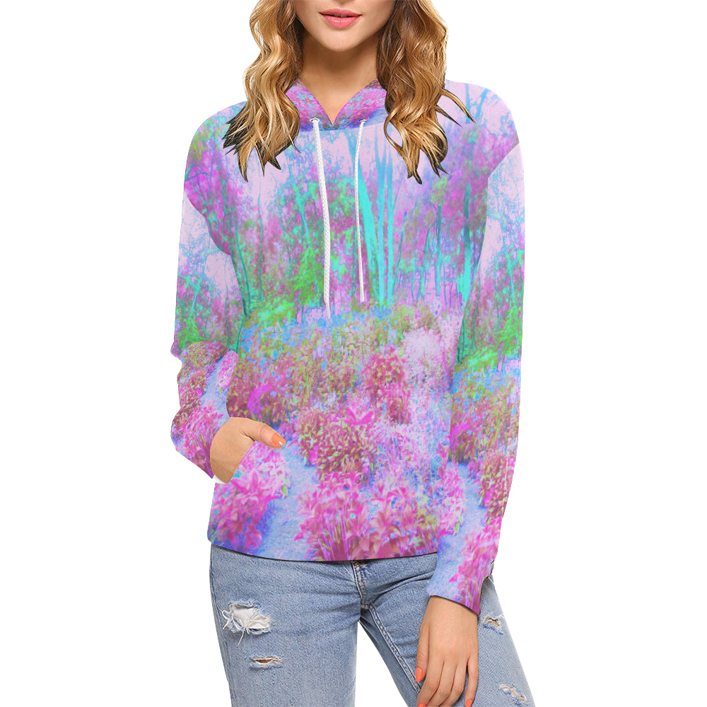 Hoodies for Women, Impressionistic Pink and Turquoise Garden Landscape