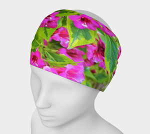 Wide Fabric Headband, Beautiful Green Weigela with Crimson Flowers, Face Covering