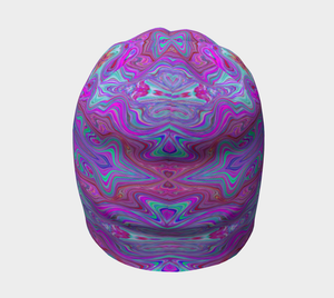 Beanie Hats for Women, Wavy Magenta and Green Trippy Marbled Pattern