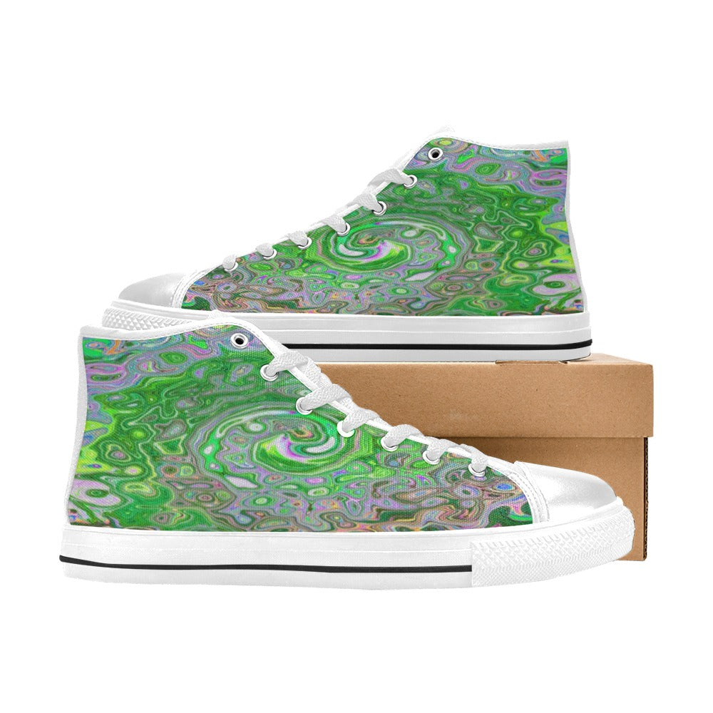 High Top Sneakers for Women, Trippy Lime Green and Pink Abstract Retro Swirl - White