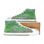 Kids High Top Sneakers, Trippy Lime Green and Pink Abstract Retro Swirl - White