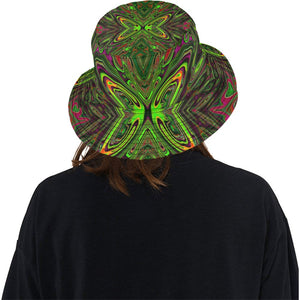 Bucket Hats - Trippy Retro Lime Green Abstract Butterfly