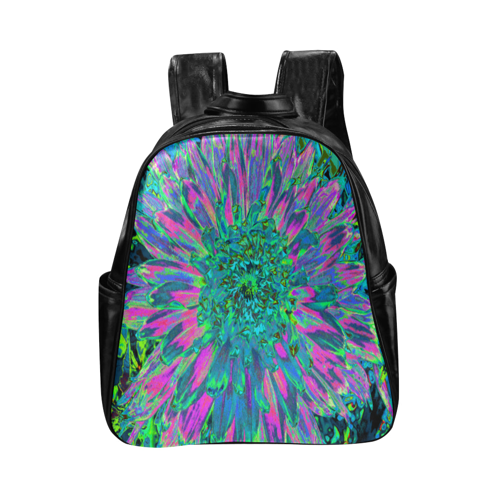 Backpack - Faux Leather, Psychedelic Magenta, Aqua and Lime Green Dahlia - Black