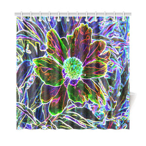 Shower Curtain, Abstract Garden Peony in Black and Blue