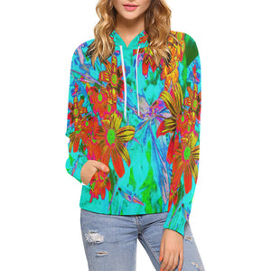Hoodies for Women, Aqua Tropical with Yellow and Orange Flowers